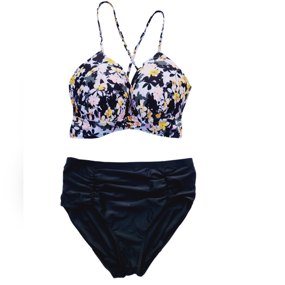 Decree Plus Size 2X Floral Bikini Halter Top and High Waisted Bikini Bottoms
